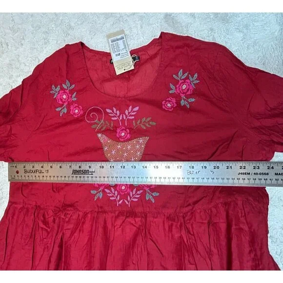 Gudrun Sjoden Okarina Eco-Cotton Blouse Womens XL Cranberry Red Lagenlook New
